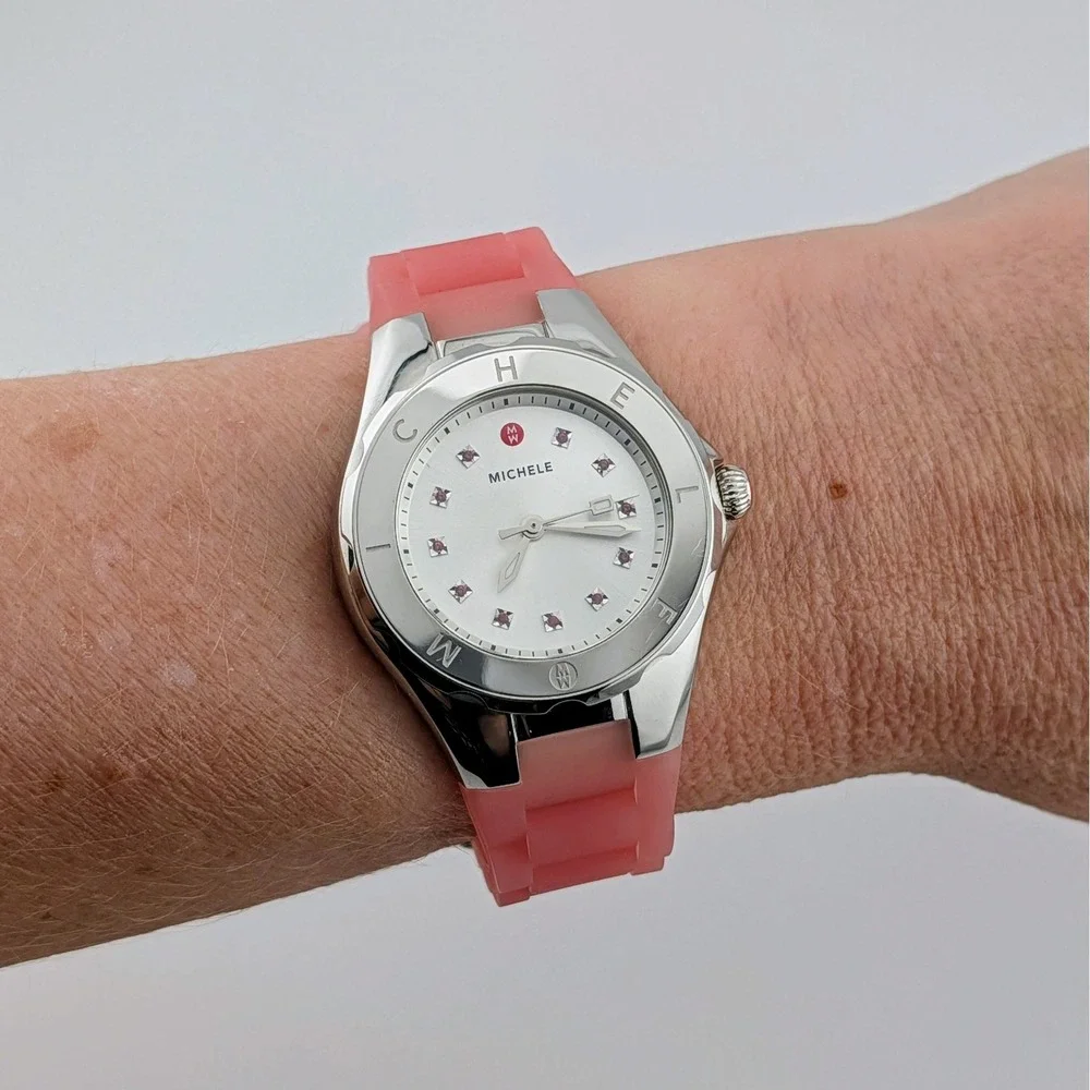Michele Tahitian Jelly Bean Watch Women Pink Topaz Markers Pink Rubber Strap